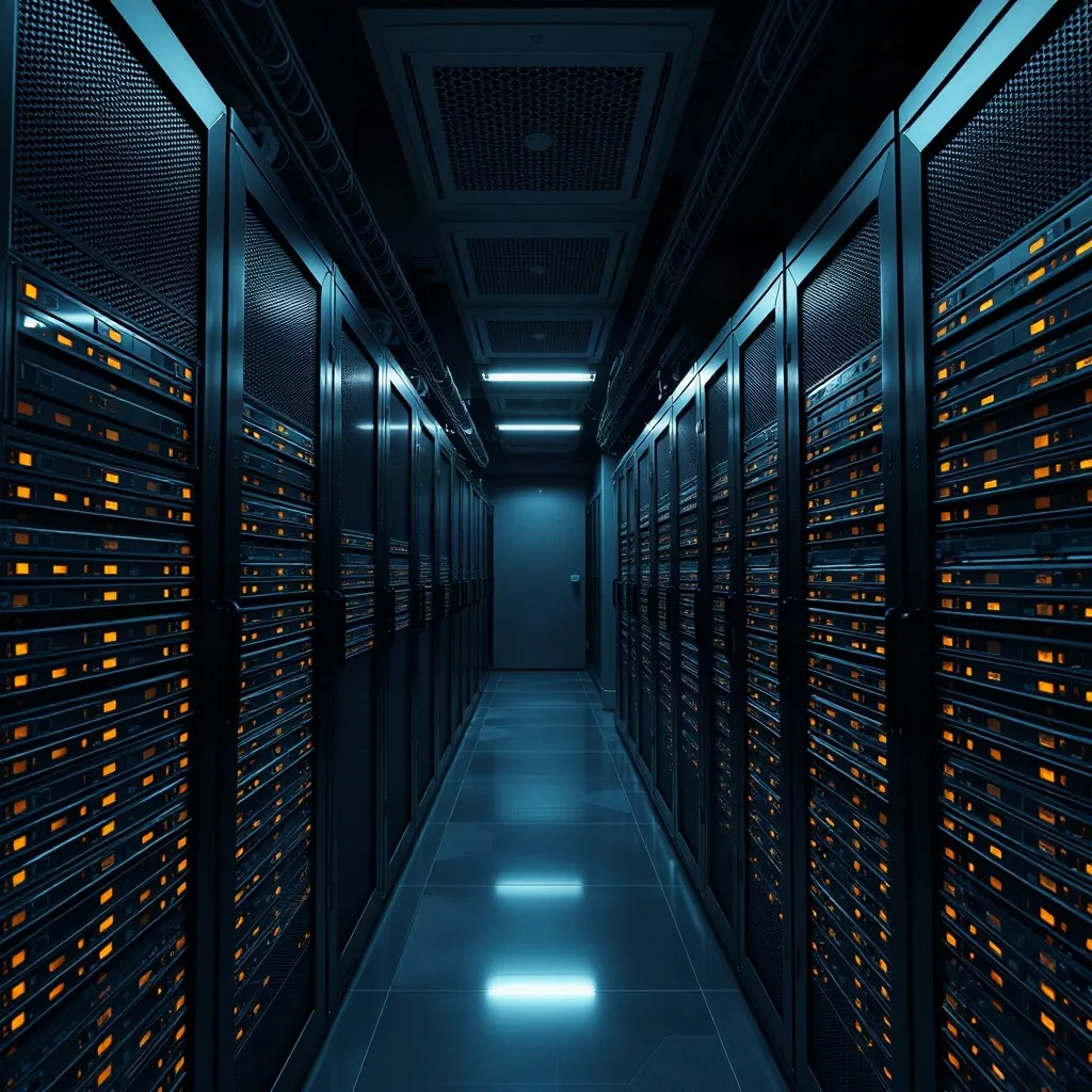 Sala de control con racks de servidores e indicadores luminosos