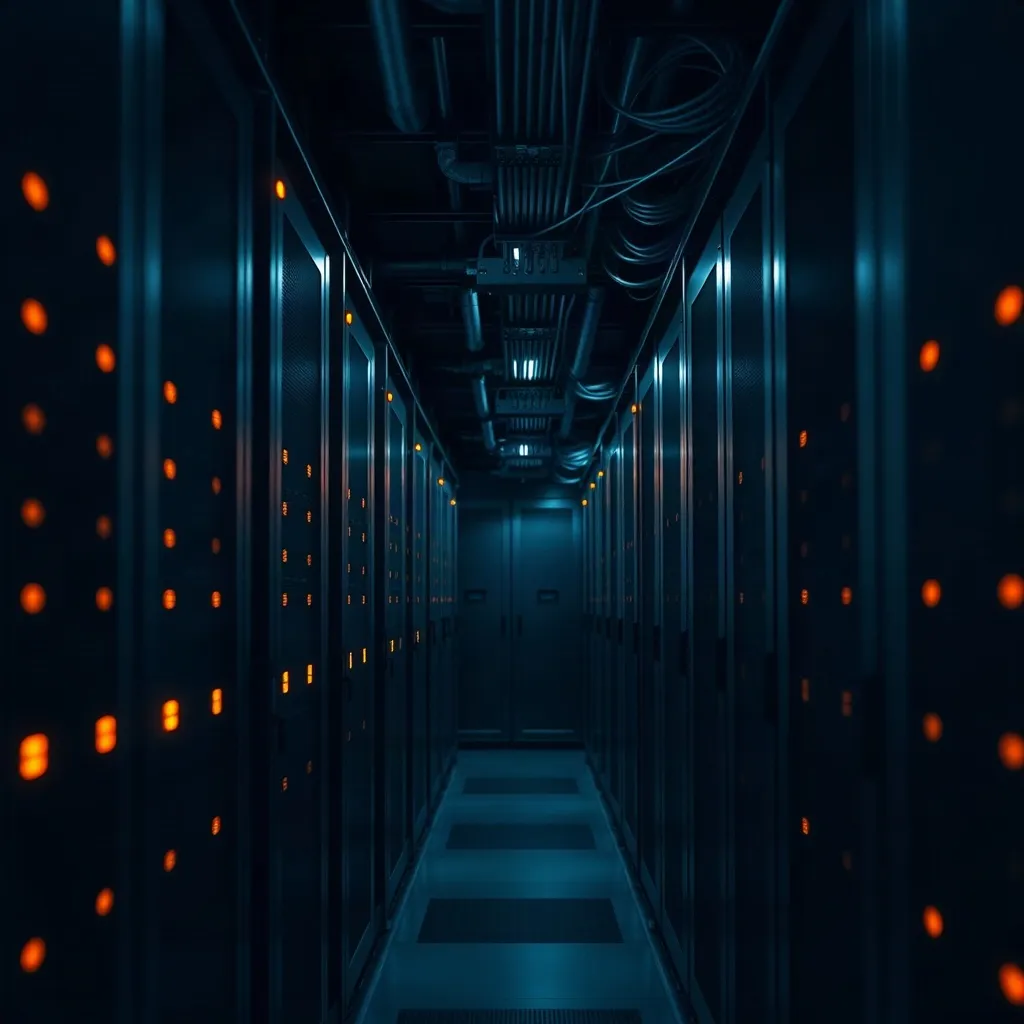 Pasillo de centro de datos con indicadores de estado en ámbar