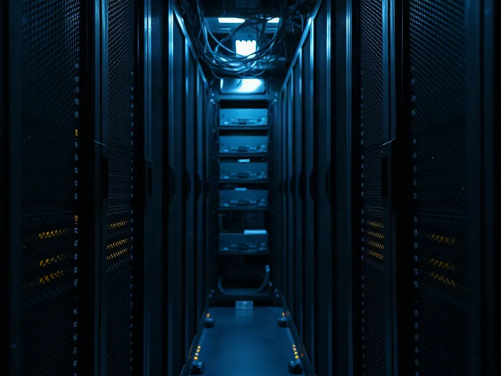Racks de servidores y cableado de fibra óptica en un centro de datos