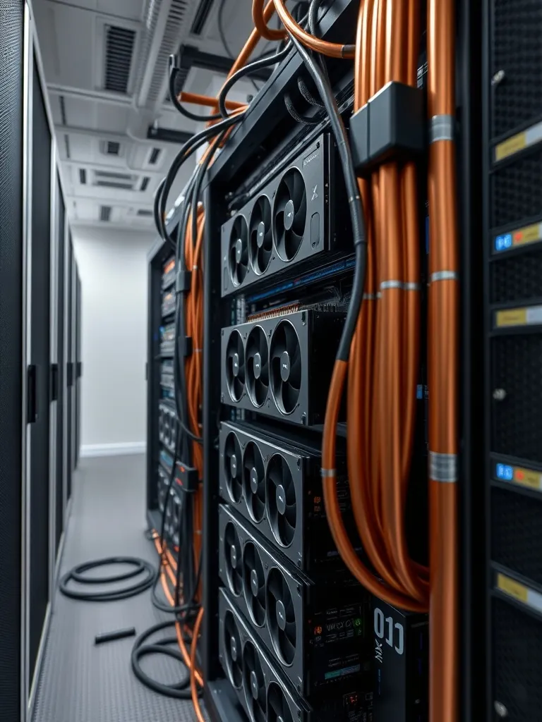 Professional server rack with high-end GPU units and copper