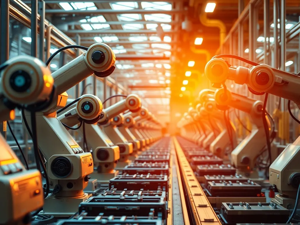 A high-tech industrial assembly line with robotic arms and d