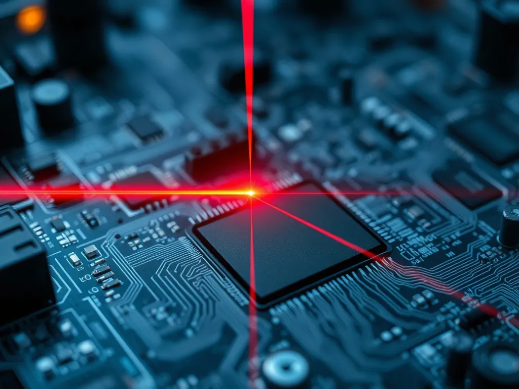 A close-up of a circuit board being scanned by a laser line,